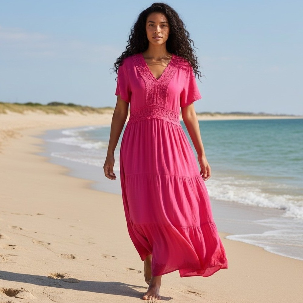 SHEIN Hot Pink Crochet Lace Tiered Maxi Dress Large Boho Beach Vacation Flowy